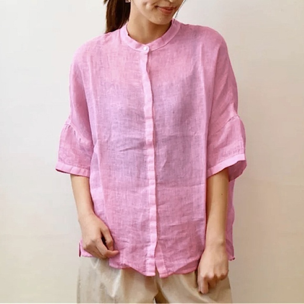 120% Lino linen rose button down blouse